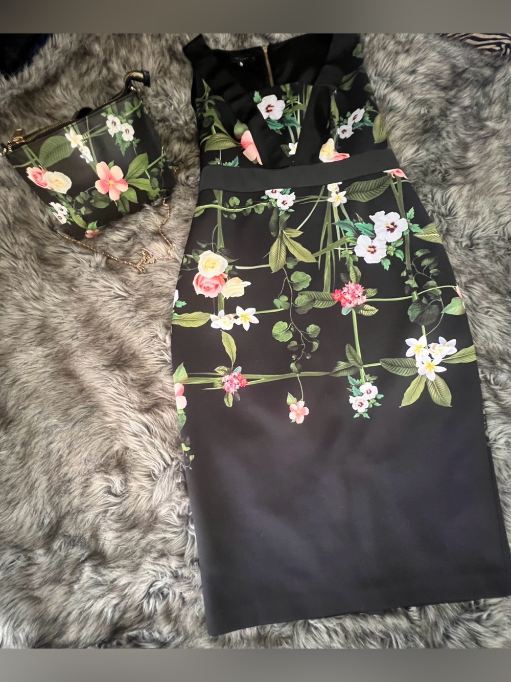 Ted Baker Black Floral Pencil Skirt with Pink & Cream Blooms